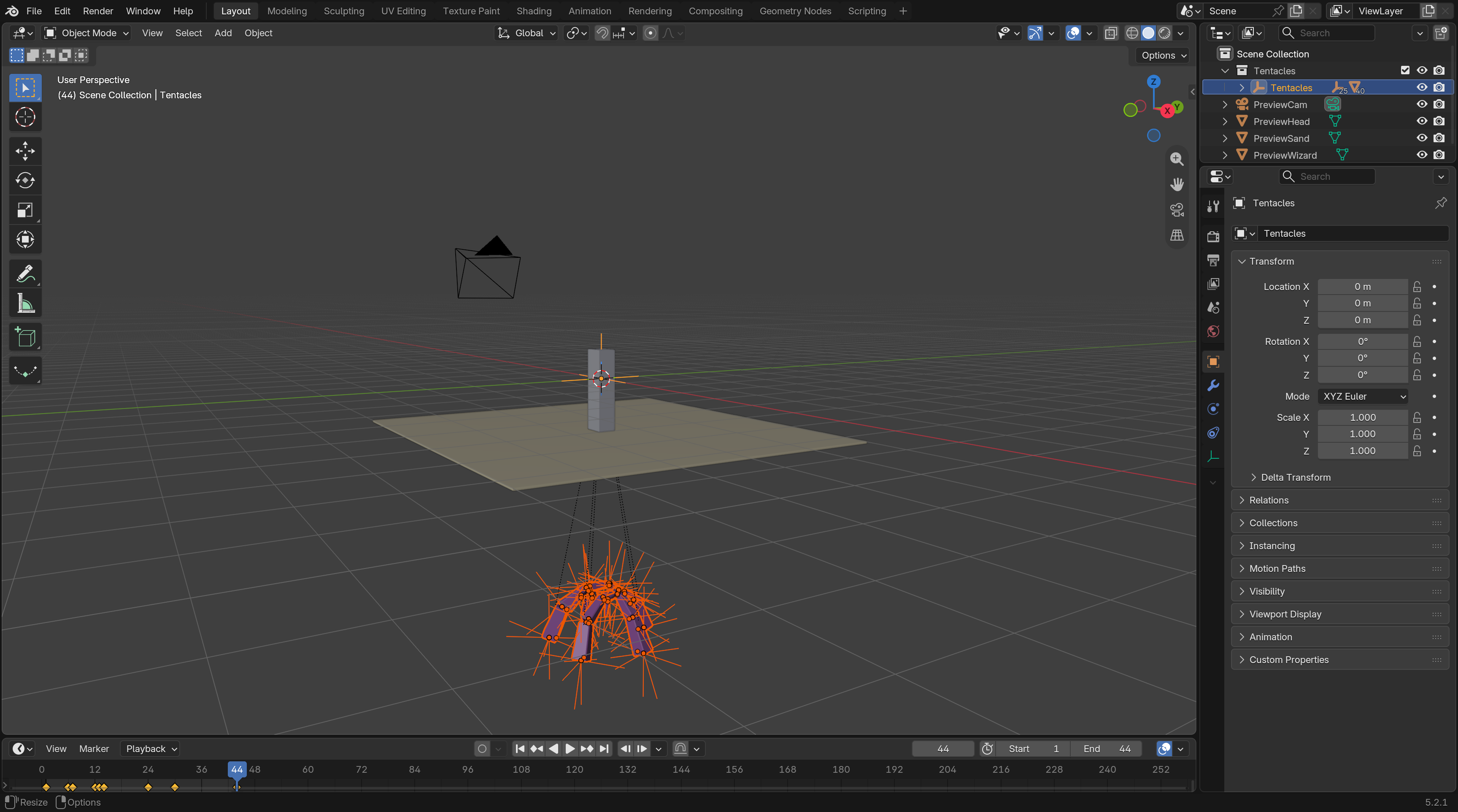 Blender with the Tentacles rig open, armature selected over the seabed and the drowning wizard